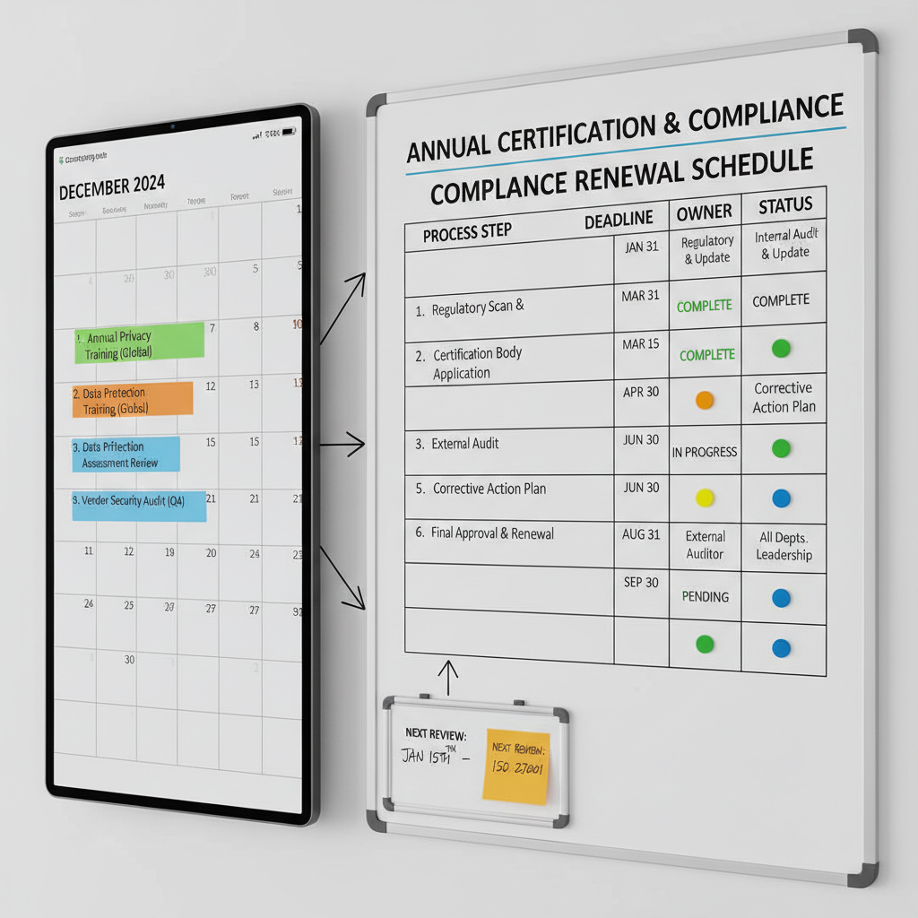 Calendar and compliance renewal schedule showing annual certification management process