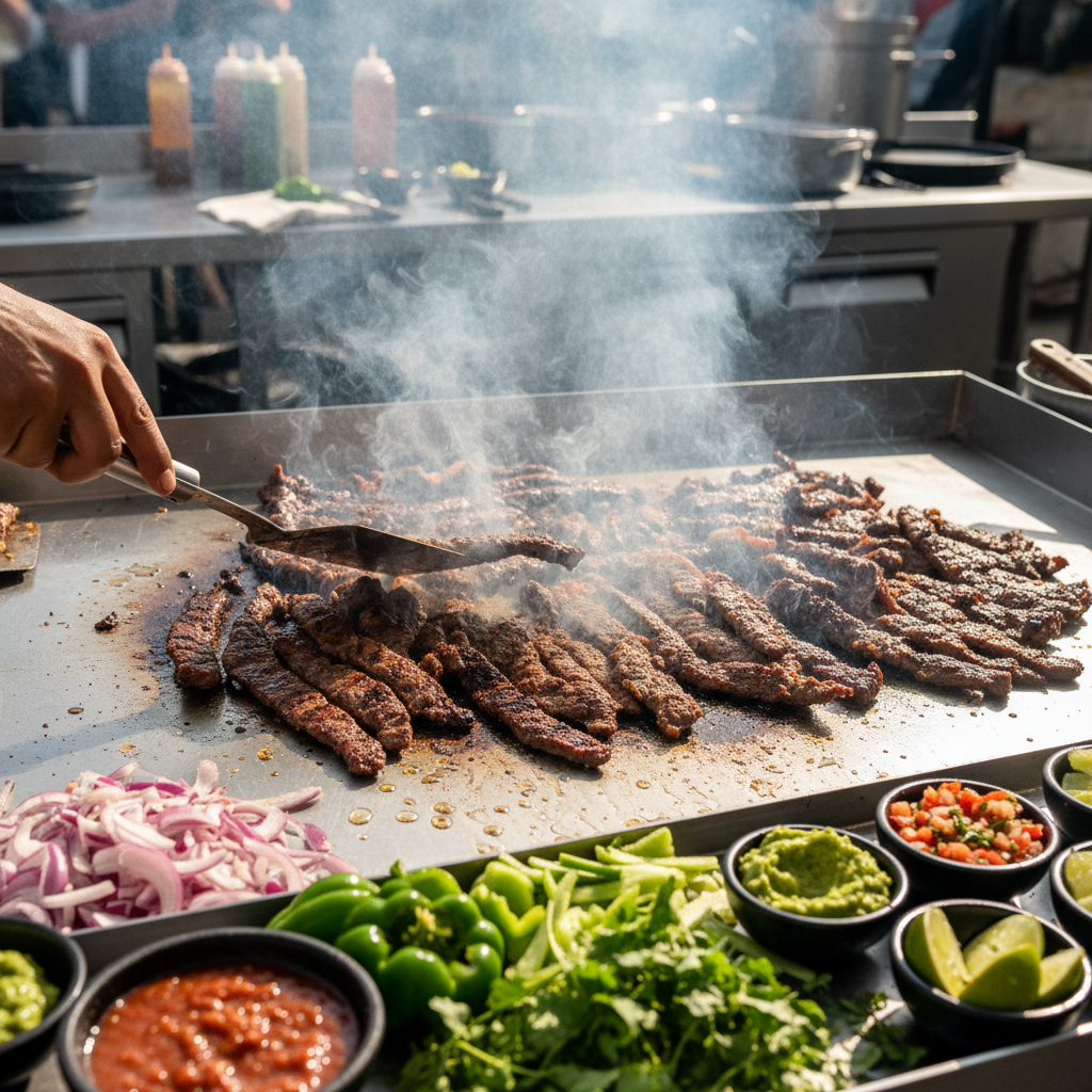 Grilled carne asada on a flat top plancha throwing smoke and steam