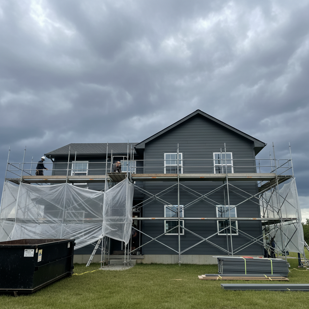 Residential home exterior with freshly installed charcoal siding panels post-storm restoration, clean scaffolding, cloudy sky