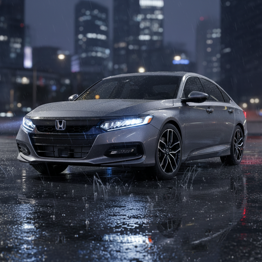 Low-angle cinematic shot of a Honda Accord Sport in meteorite gray parked on wet asphalt at dusk with city bokeh lights