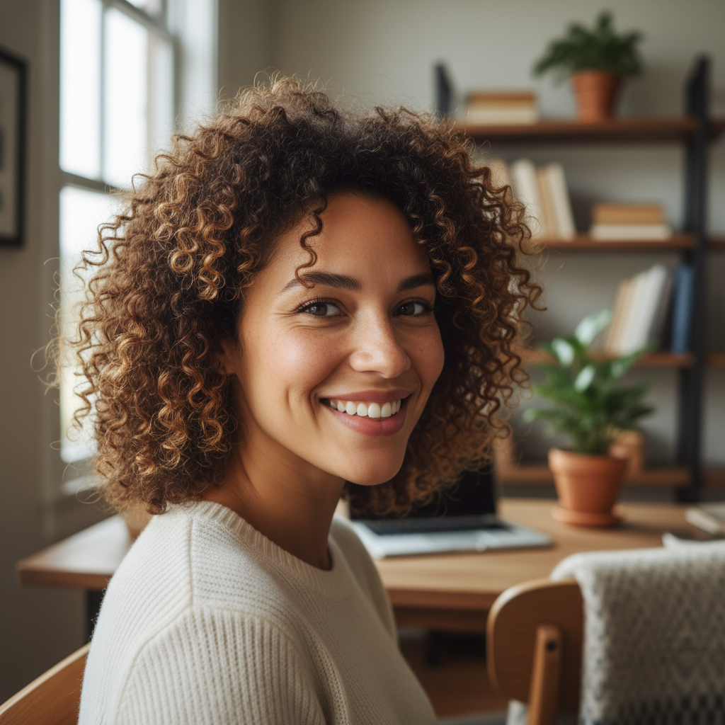 Natural curls defined, client photographed in her home office