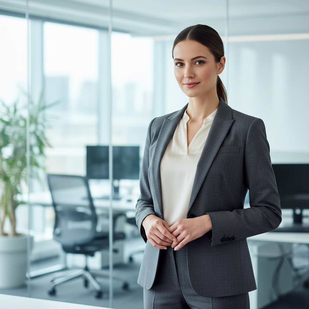 Priya Nair, professional woman in business attire, neutral background
