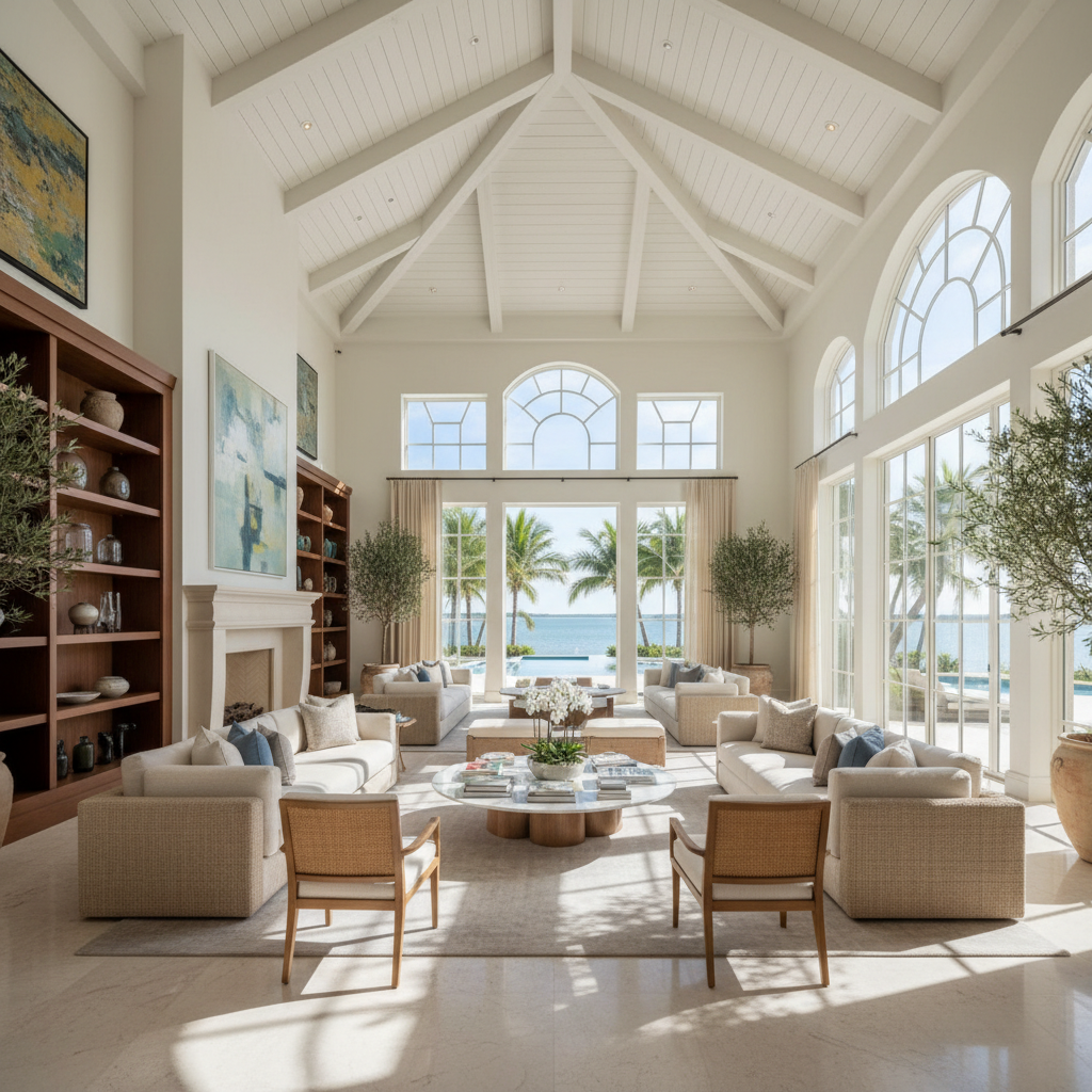 Bright luxury interior living room with high ceilings and natural light in Florida home