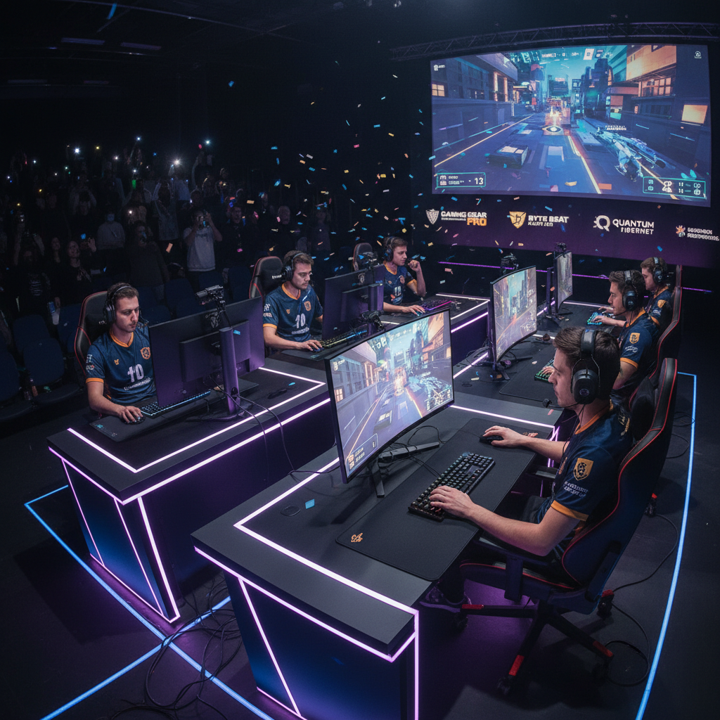 Gaming monitor showing tactical shooter game in dark room, blue lighting, competitive setup