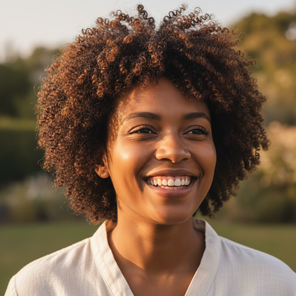 Smiling woman with natural hair in warm evening light