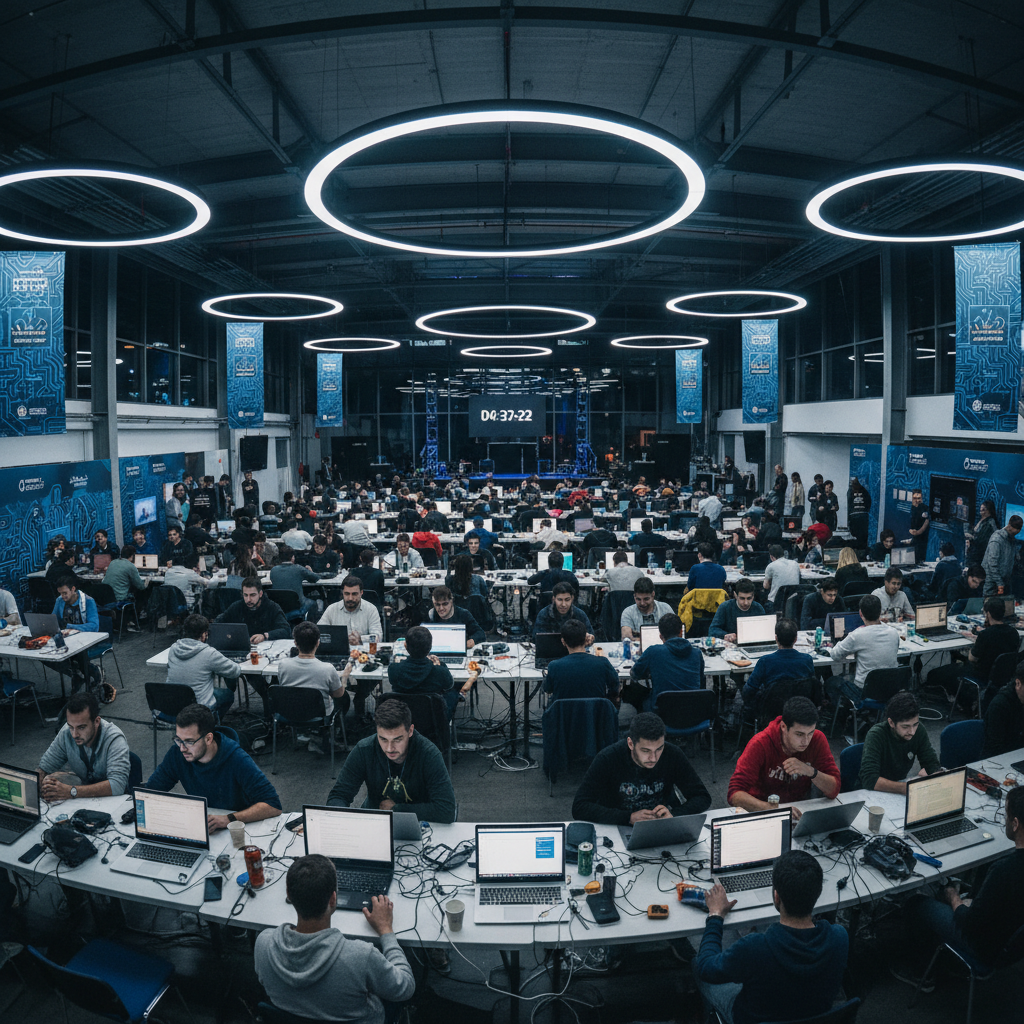 Jóvenes programadores en hackathon trabajando intensamente en proyectos tecnológicos innovadores