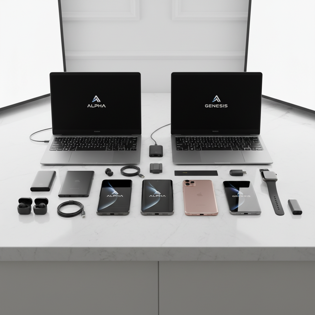 Modern electronics display with smartphones and gadgets on a bright clean white background