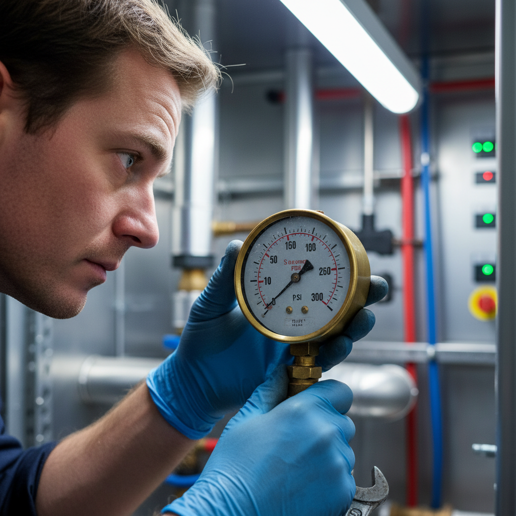 Engineer checking boiler pressure gauge in bright well-lit utility cupboard
