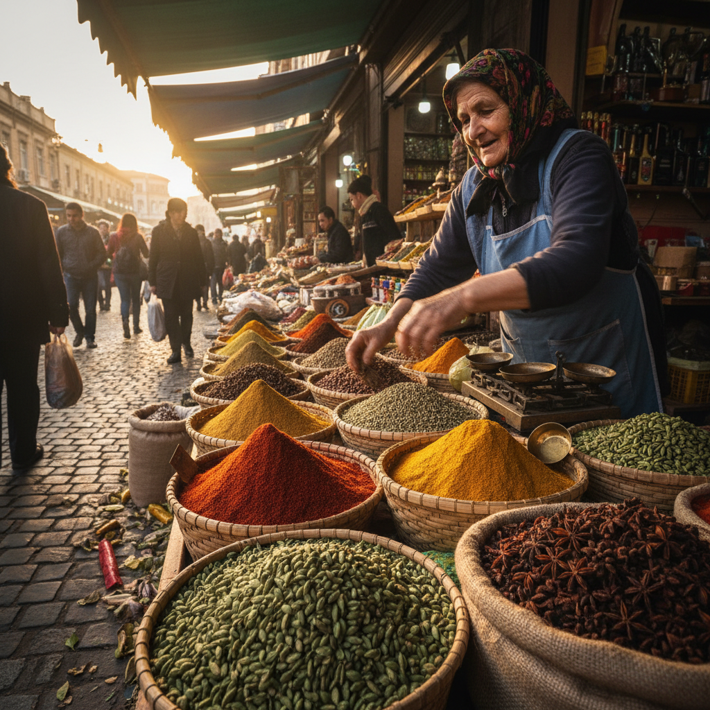 Street vendor arranging spices at morning market, hands moving with practiced precision