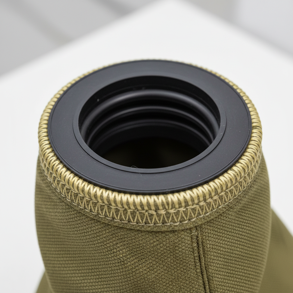 Close-up macro photograph of chemical protective glove-to-sleeve interface gasket showing seam construction and rubber seal