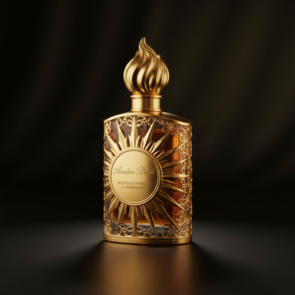 Luxury oriental perfume bottles with golden ornaments on dark background