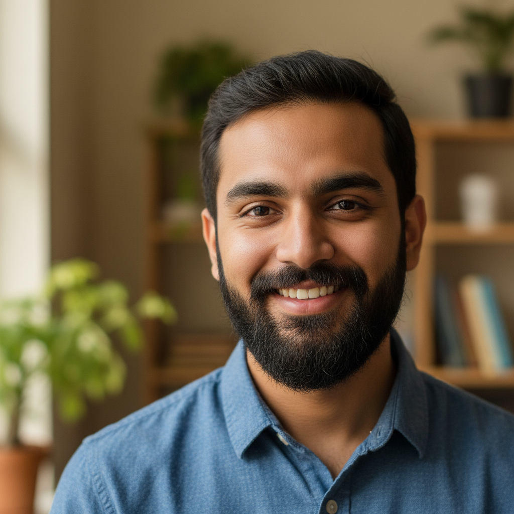 South Asian man in casual shirt, friendly expression, neutral background