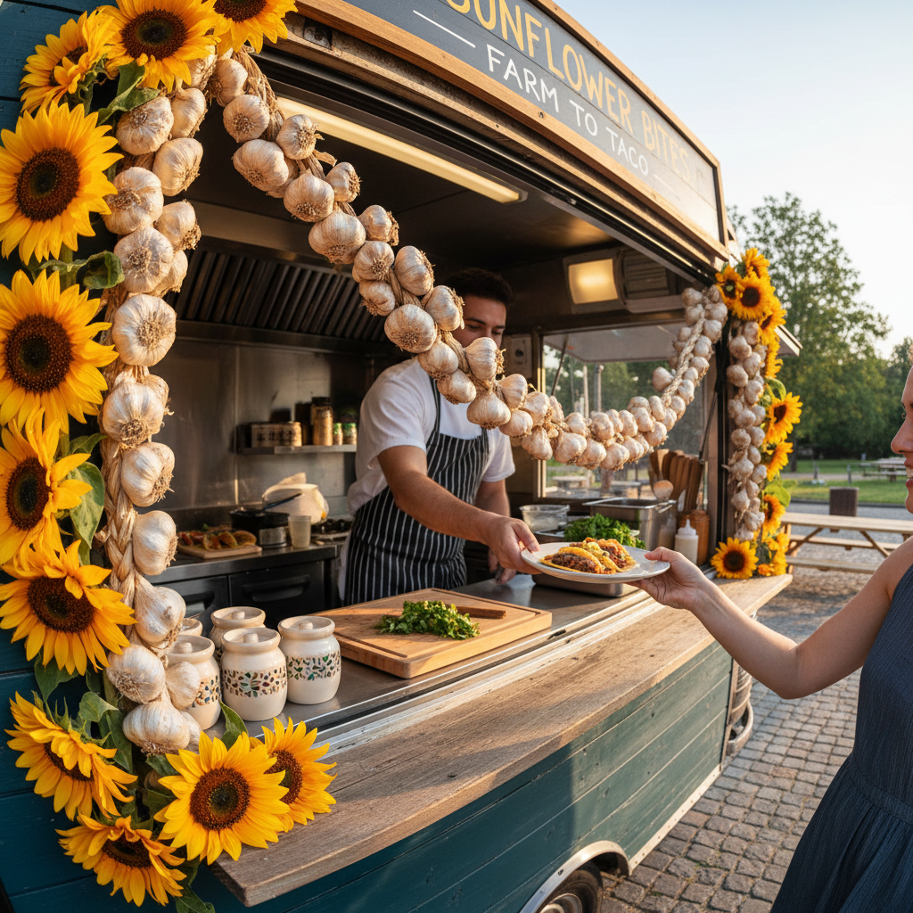 Food truck window framed by string of dried garlic and sunflowers