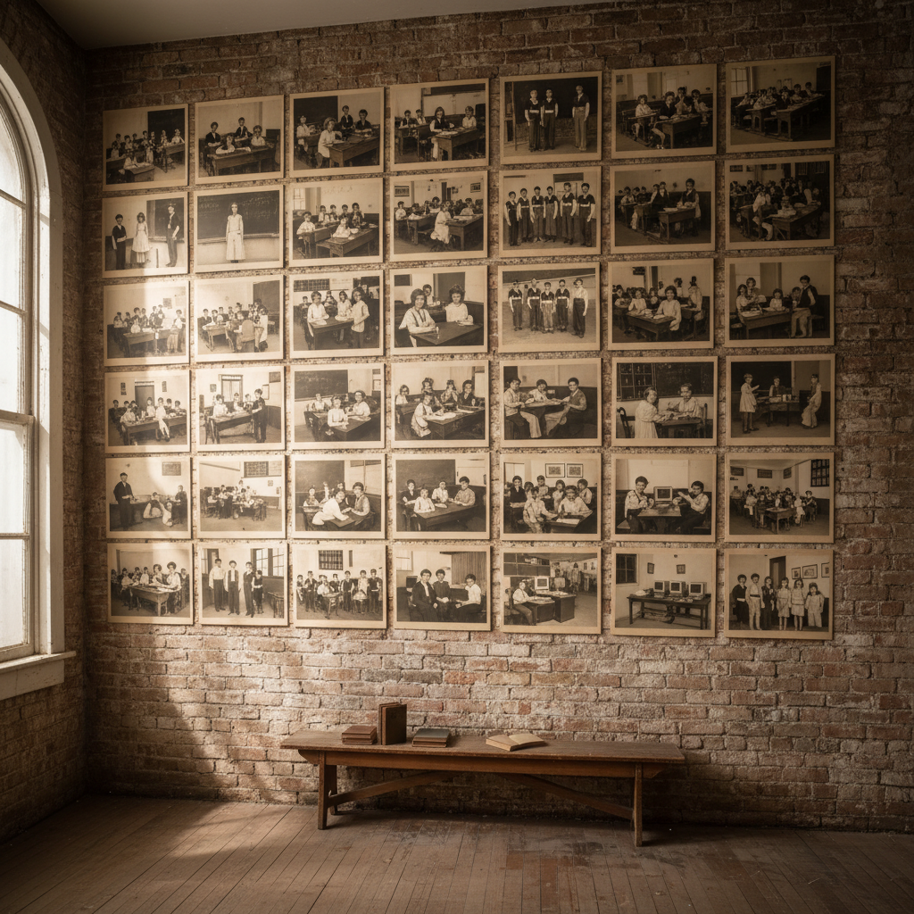 Vintage classroom photographs spanning multiple decades arranged in chronological grid