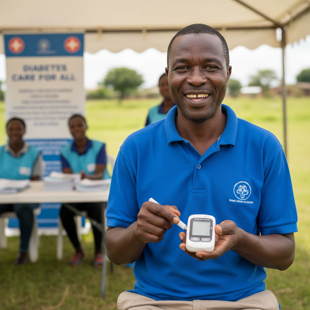 Malawian man Samuel smiling warmly, diabetes management program beneficiary of JJHF healthcare outreach
