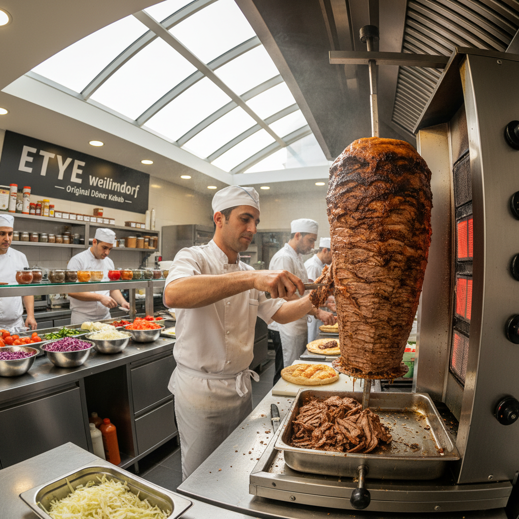 Chef preparing fresh shawarma wraps in a modern kitchen, warm lighting, professional food preparation