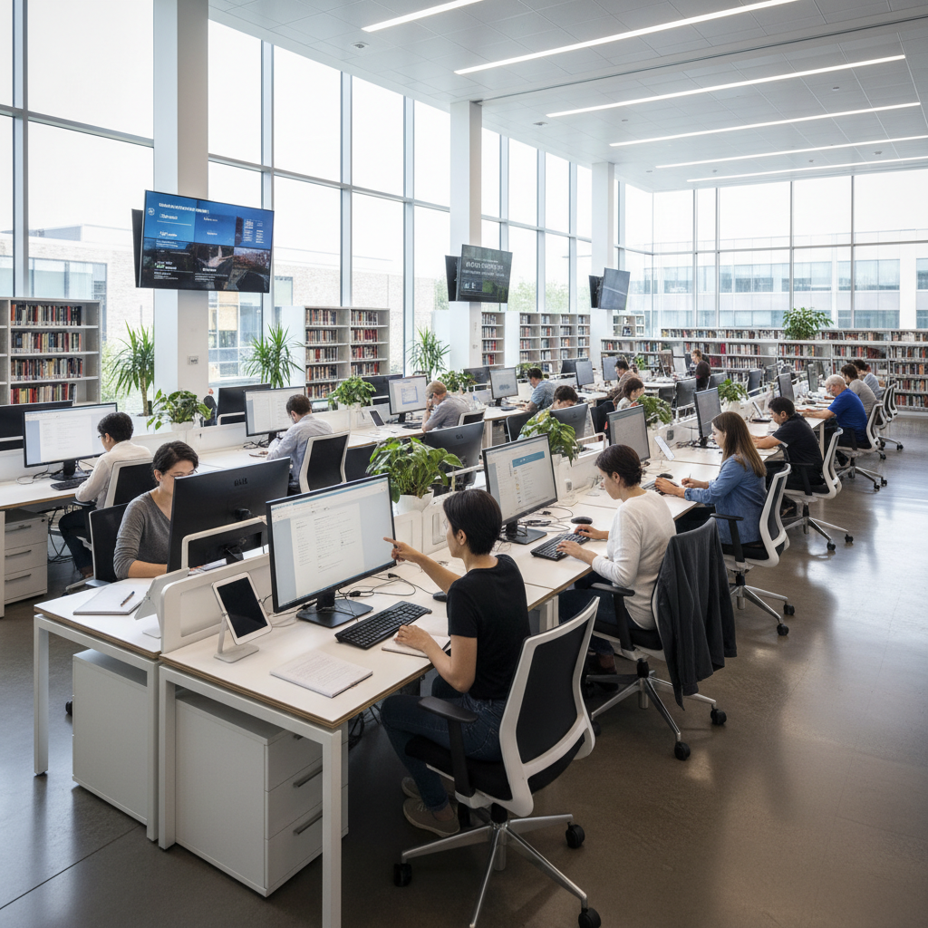 Students using laptops in bright modern university library with large windows and collaborative workspace