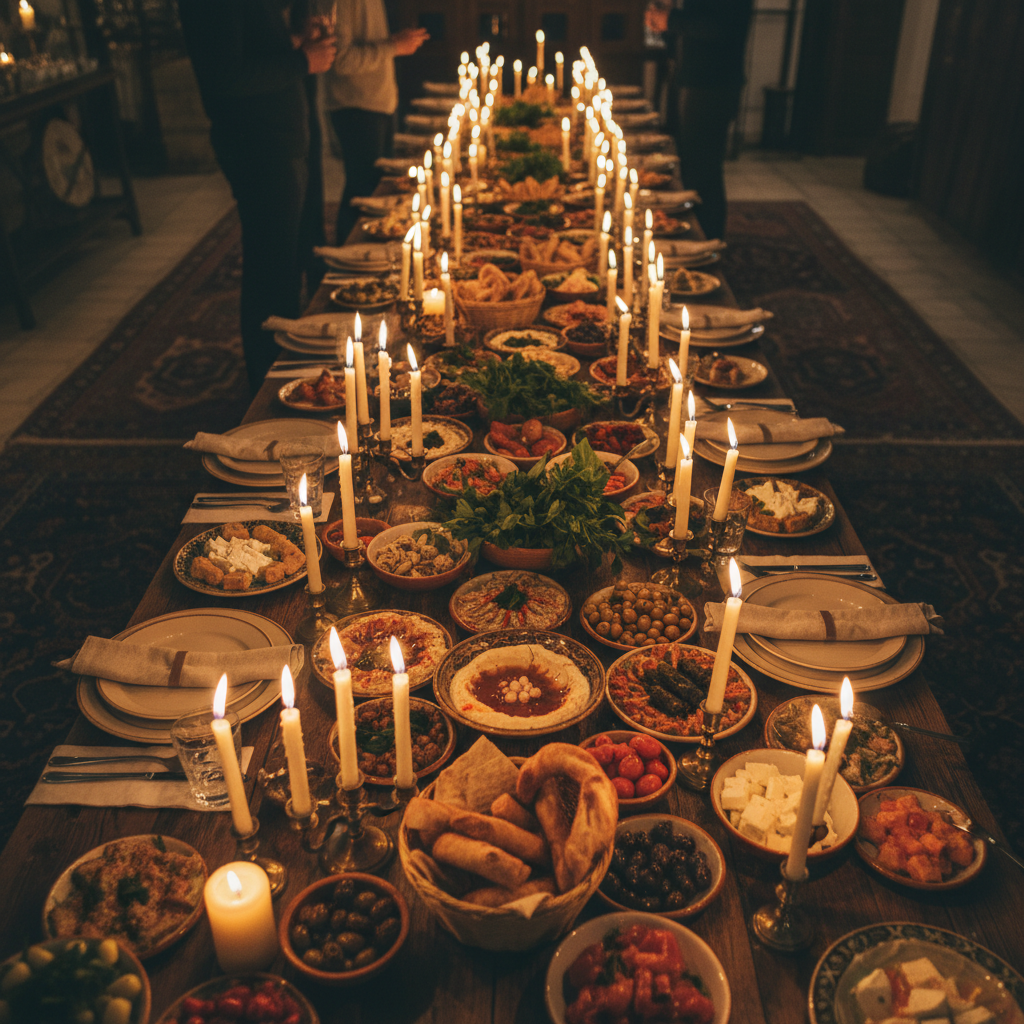 Long dinner table set with candles and Turkish meze in a warm Brooklyn brownstone