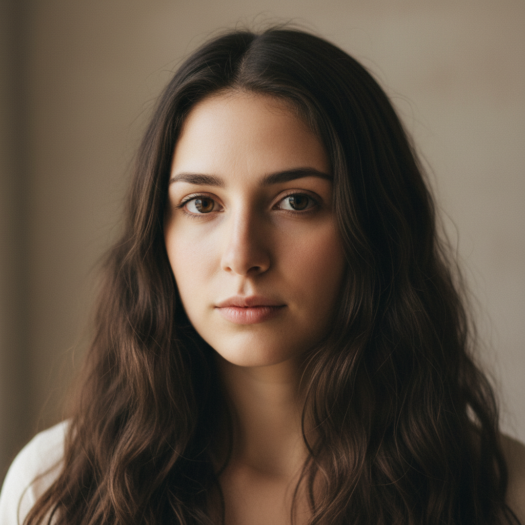 Priya N., a young woman with long dark hair and an earnest expression