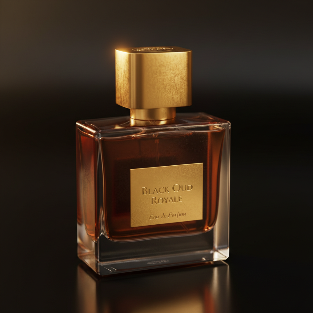 Dark amber oud perfume bottle with ornate gold cap on black surface, deep shadows, rich warm tones, luxury editorial photography
