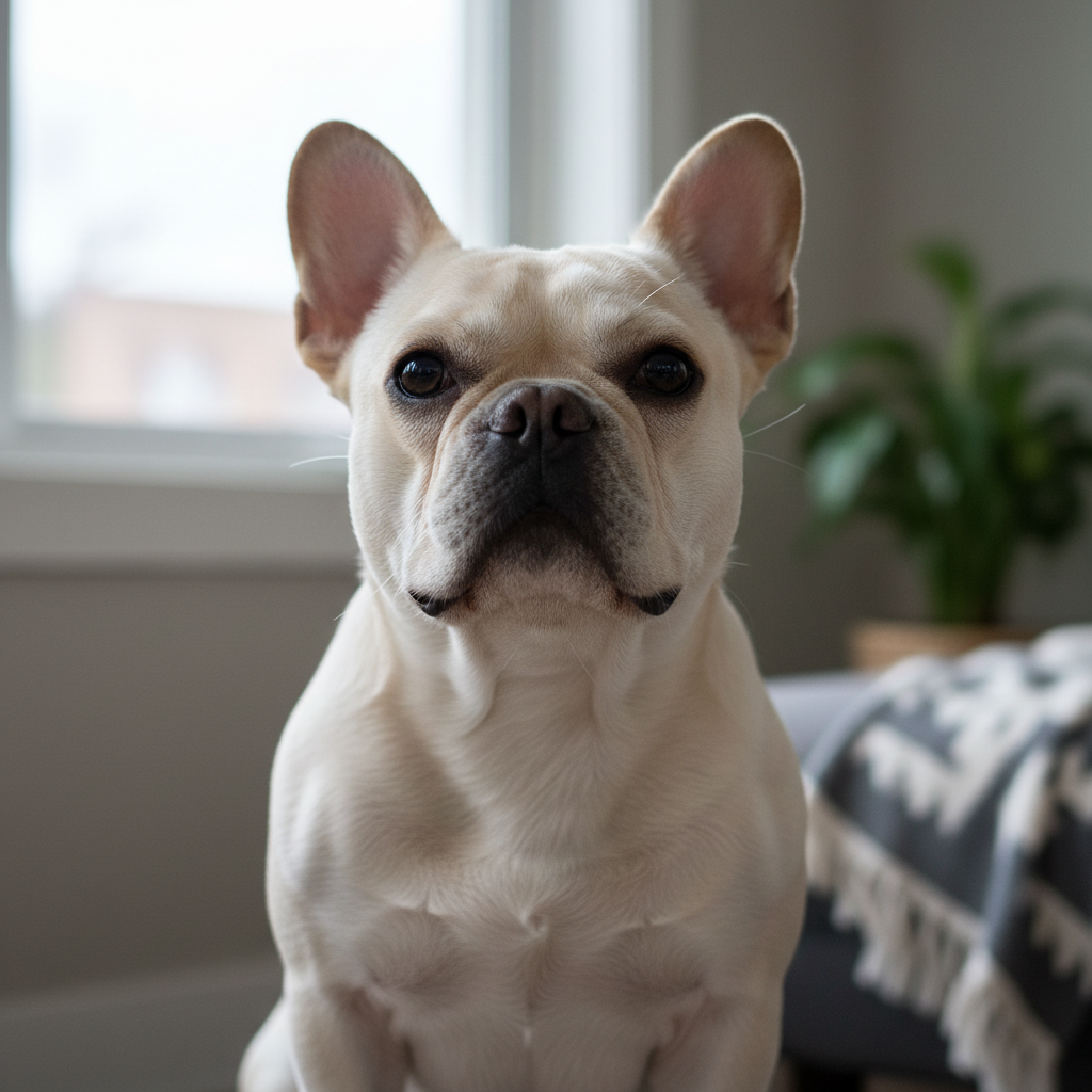 Cream French Bulldog looking up with wide curious eyes