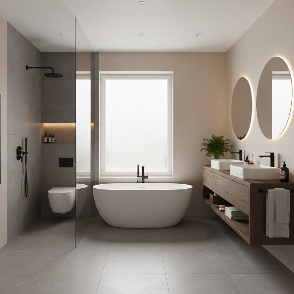 Luxurious bathroom remodel with freestanding tub, walk-in shower, and modern fixtures