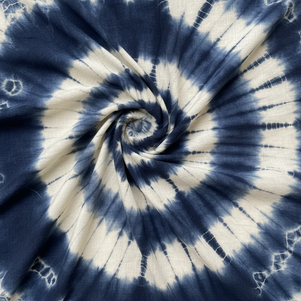 Tie-dye fabric swirling in indigo and cream