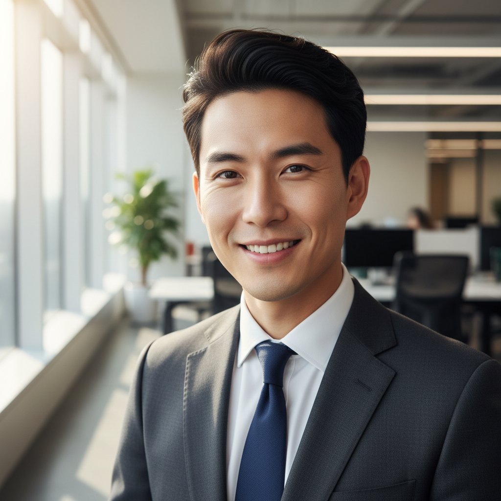 Asian businessman in white shirt with confident smile in modern office