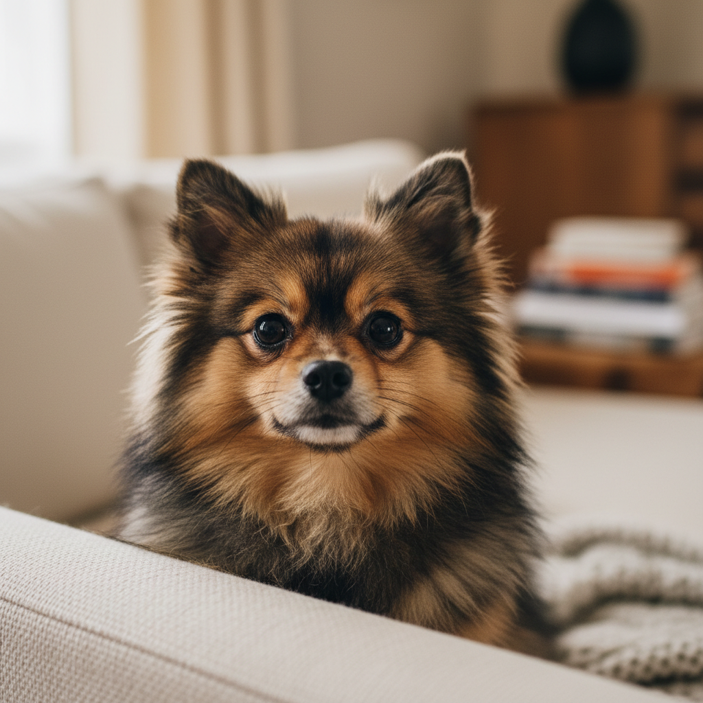 Clove a sable Pomeranian sitting alert on a cream couch looking at camera with bright eyes