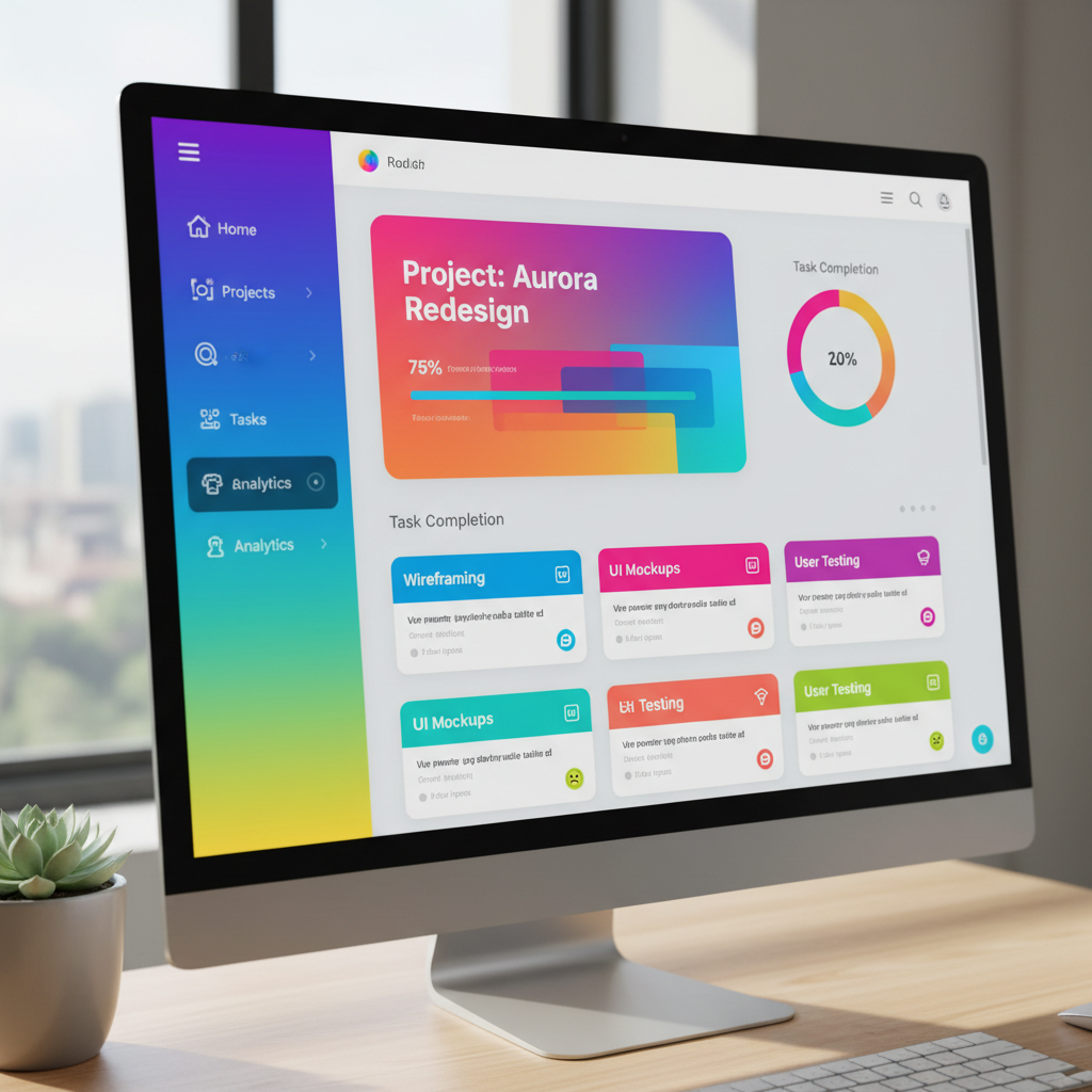 Modern website design on laptop screen, dark background with colorful UI elements