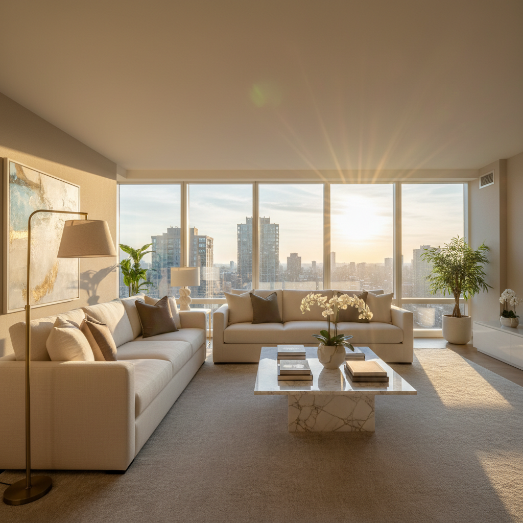 Staged penthouse living room with afternoon light catching a brass floor lamp beside cream linen sofas and a Carrara marble coffee table