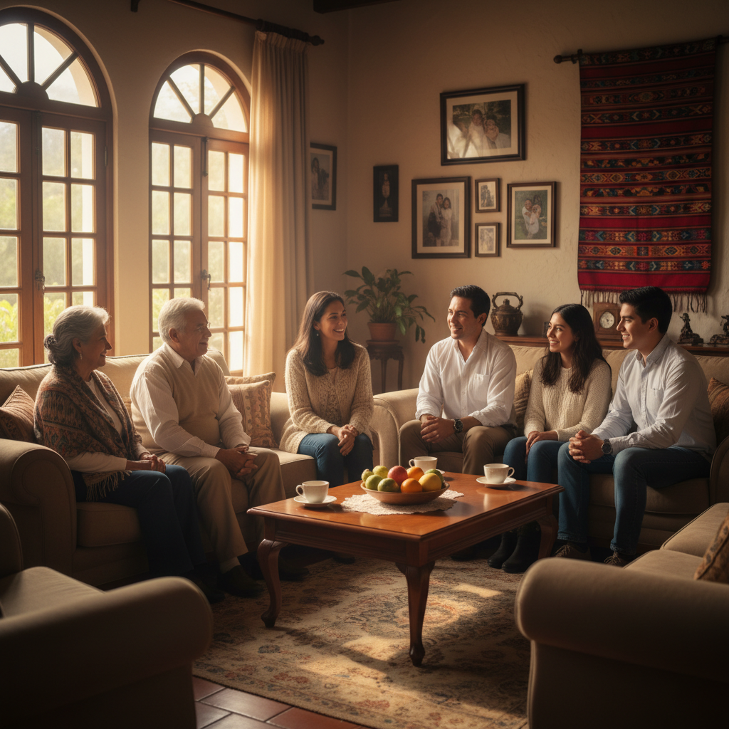 Family of three generations sitting together in a bright living room, relaxed and happy, Dutch suburban home