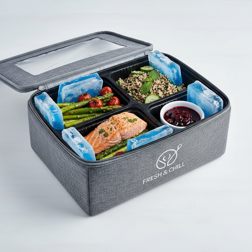 Artisan food delivery box opened to reveal neatly packed frozen meal containers with dry ice