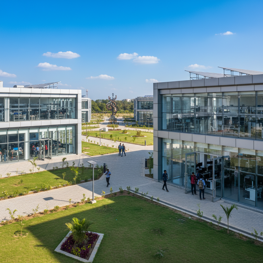 University campus building with modern architecture, blue sky, students walking outside