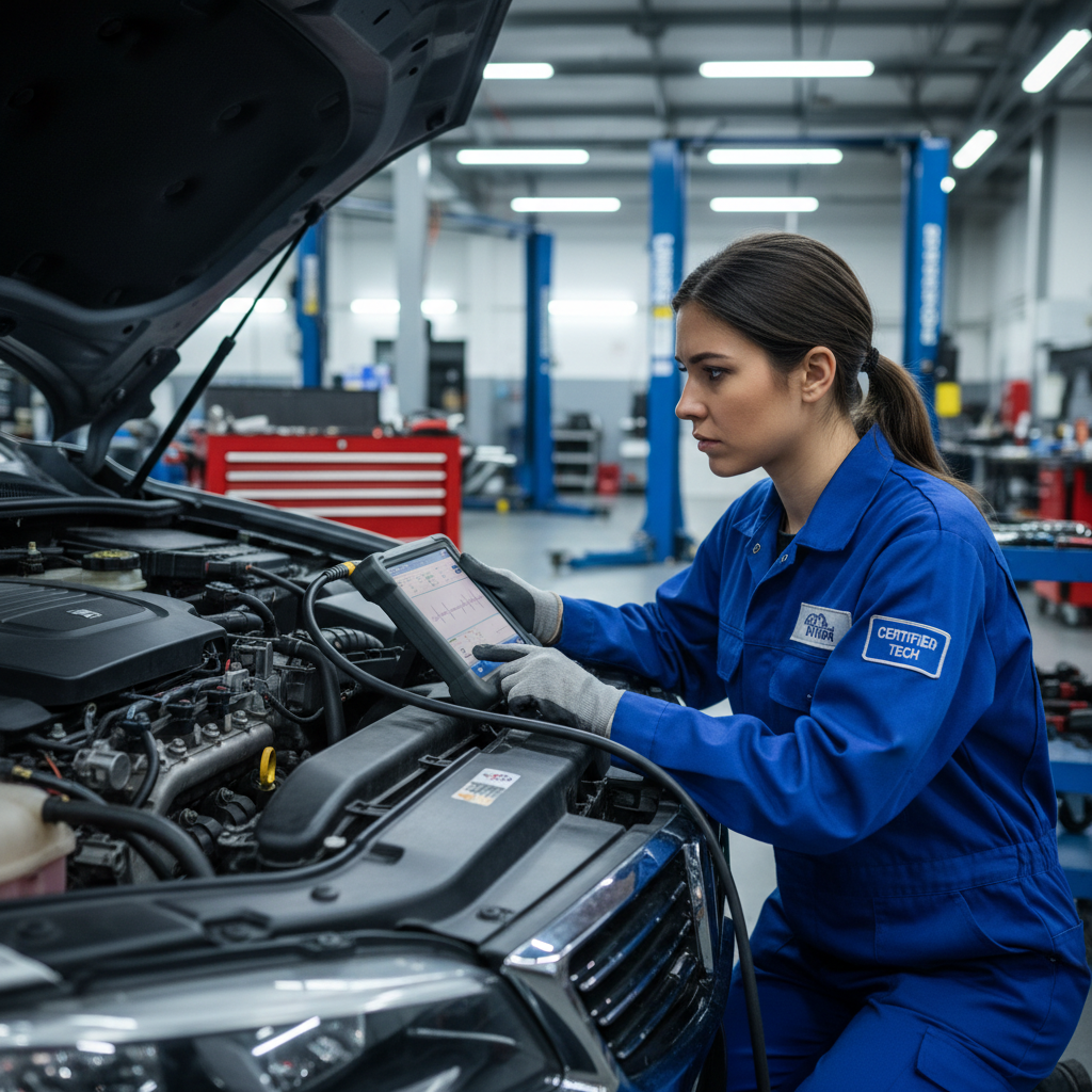 Sofia Mendez, transmission specialist at Auto Edge Car Clinic, in the workshop