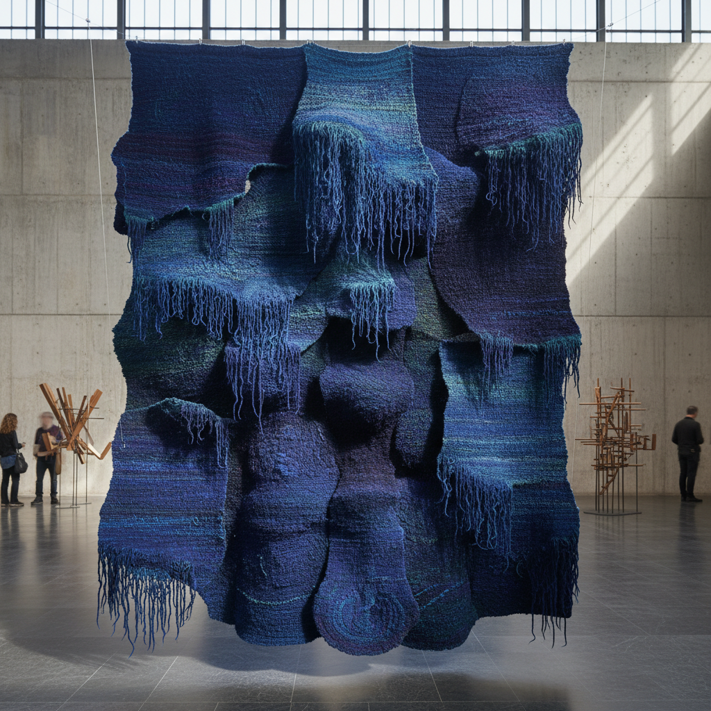 Fermented indigo wool textile with hand-knotted pile creating tactile variations in depth and color, photographed in biennale installation context