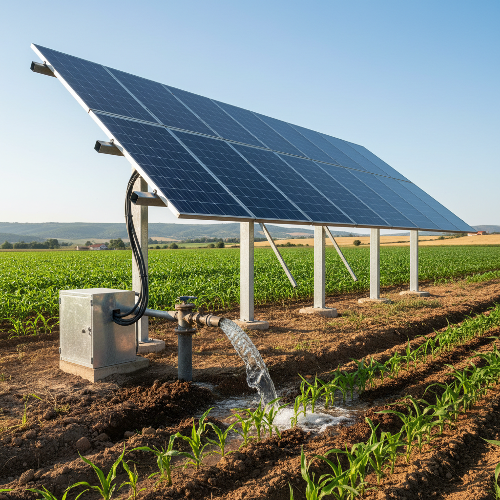 Solar panels in an open field under bright blue sky powering remote water pumping systems