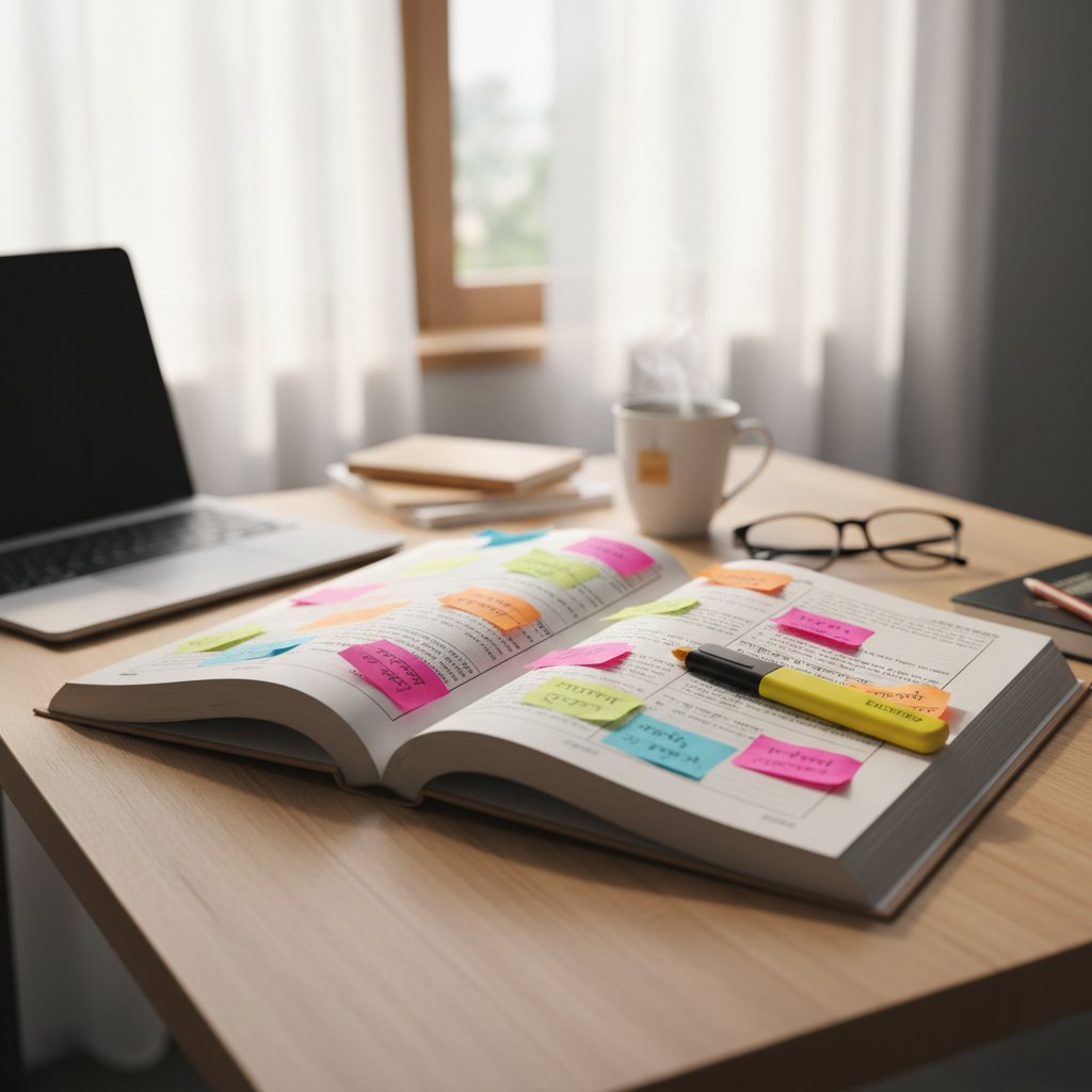 Open textbook and notebook with language notes, warm desk lighting