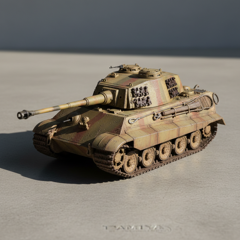 Finished built Tamiya tank model with weathering effects under warm lamp light