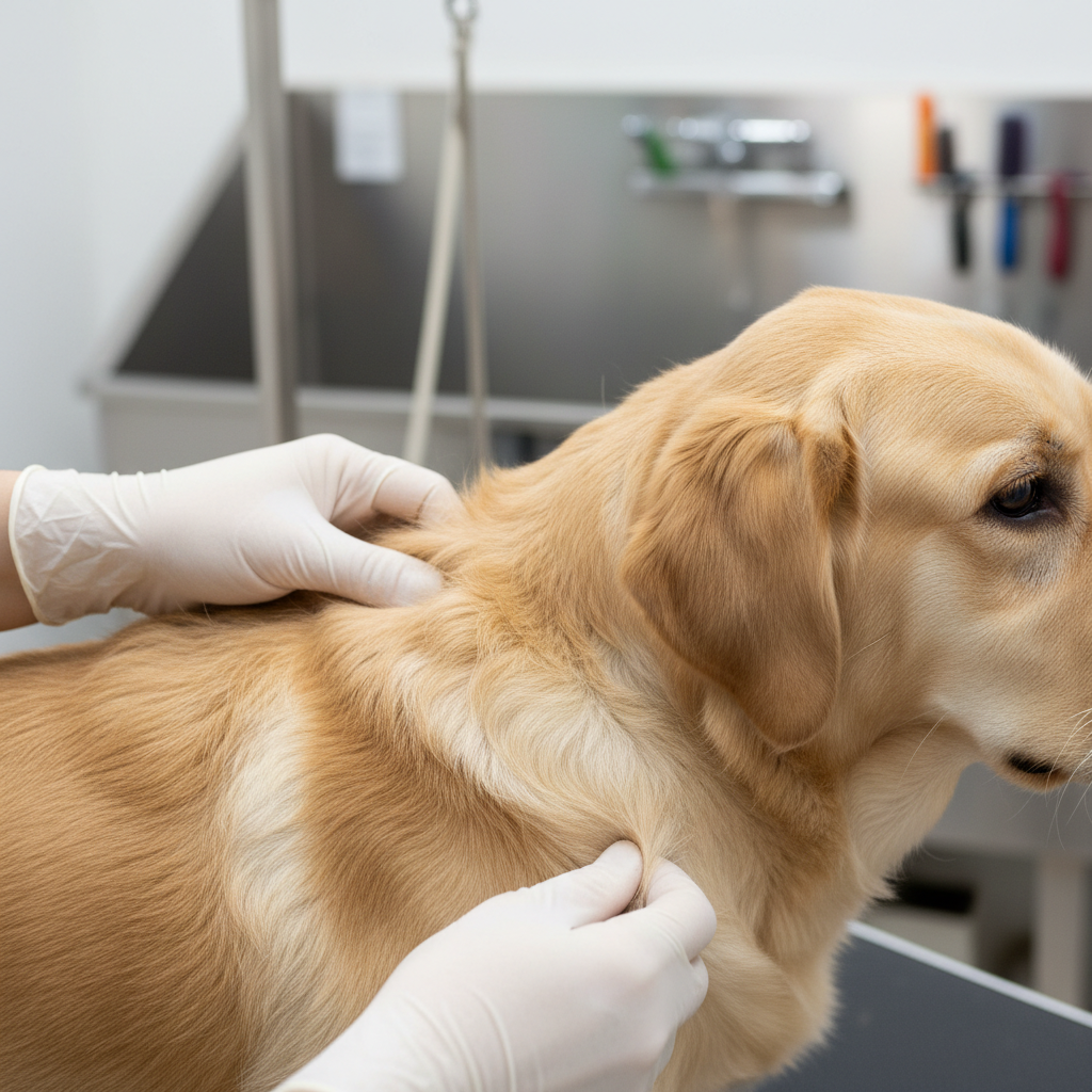 Groomer parting golden Lab coat to assess dense undercoat in bright studio