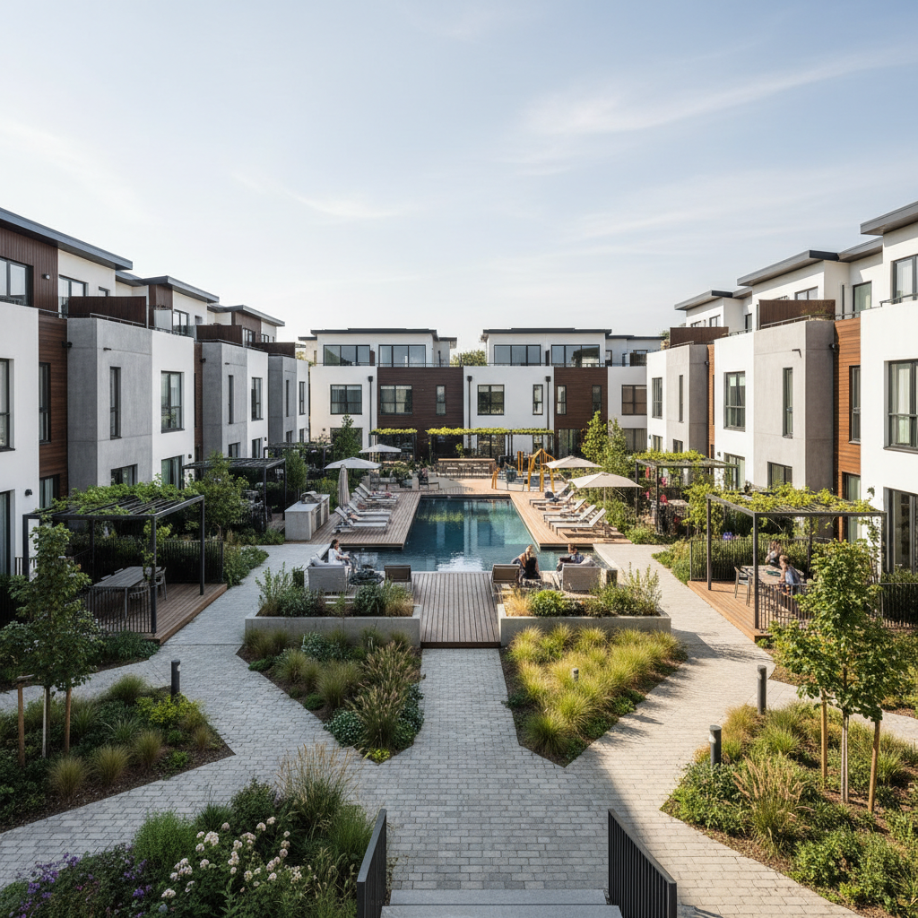 Meydan townhouse exterior with private pool, modern architecture, bright day, clean landscaping, suburban luxury