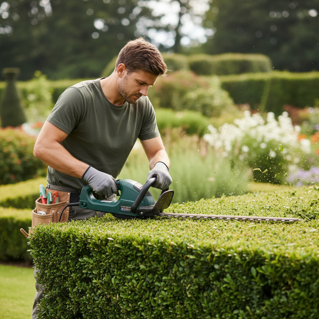 Professional trimming of shaped green shrubs along a residential property fence line