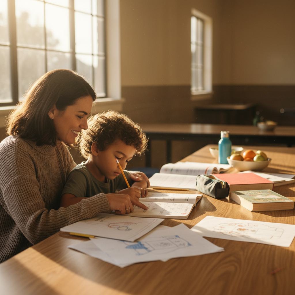 A volunteer tutor kneeling beside a child at a cafeteria table, helping with homework after school