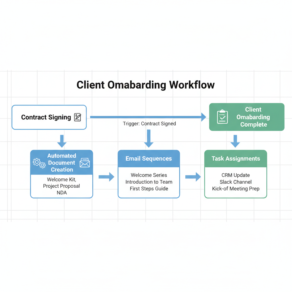 Automation workflow diagram showing AI-powered task sequences with time savings