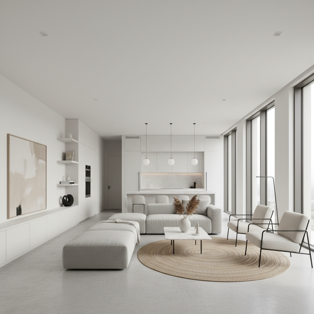 Modern apartment interior with large windows, bright natural light, clean minimal Scandinavian design