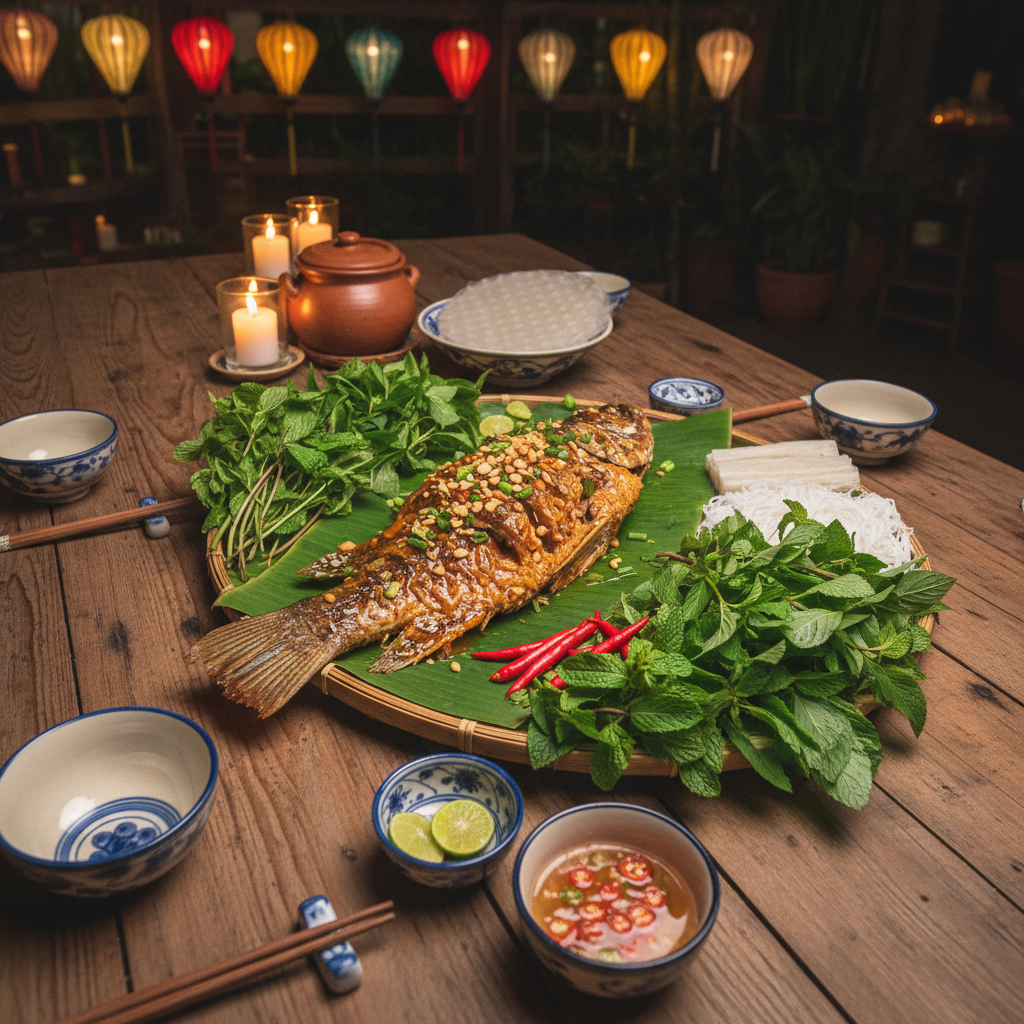 Traditional Vietnamese river fish dish with local herbs, warm wooden table setting, authentic local cuisine