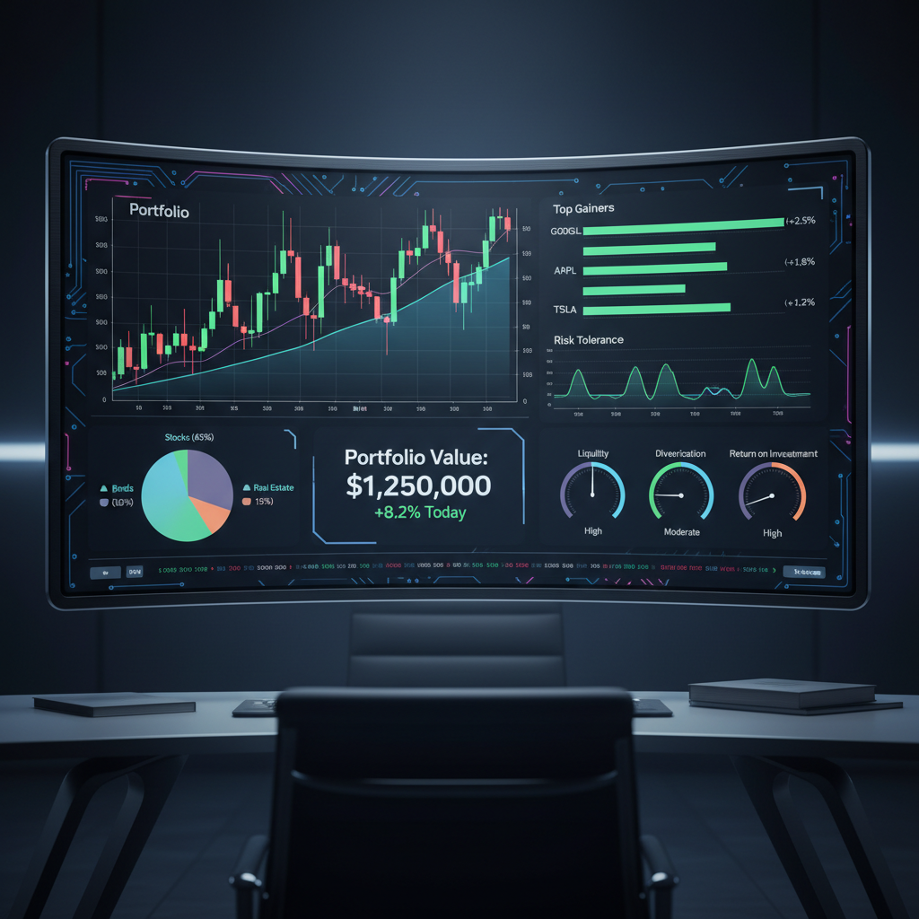 Karanlık ekranda finansal analitik ve grafikler gösteren veri görselleştirme panosu