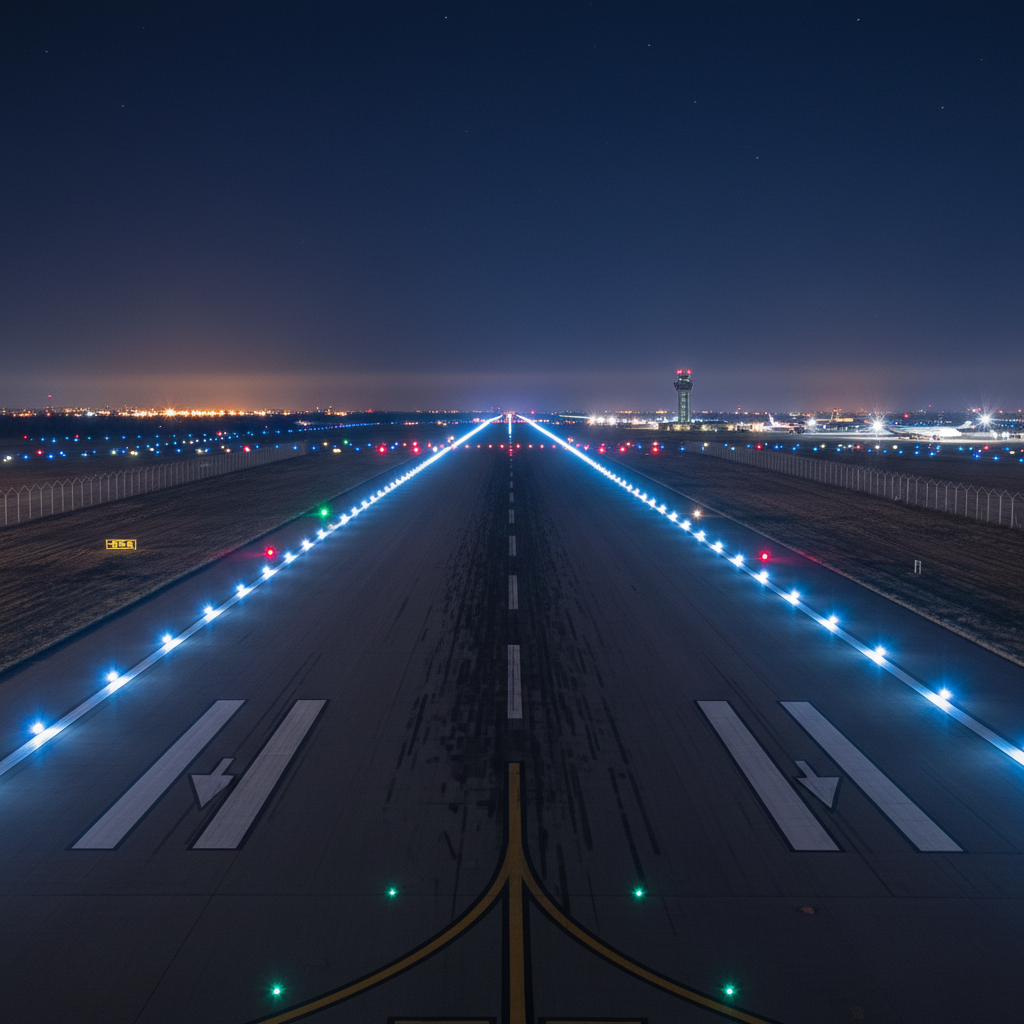 Runway lights stretching into the distance at night with aircraft silhouette