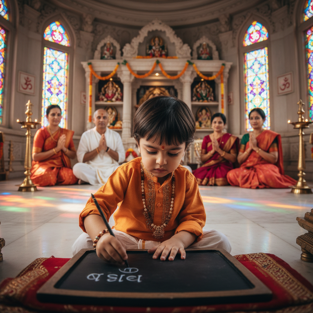 Child writing first letters on rice plate during Vidyarambha ceremony with priest guidance