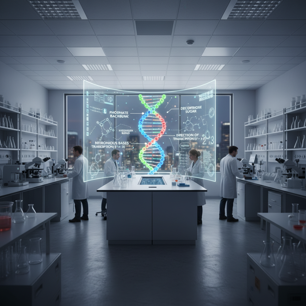 Laboratory setting with a projected biology diagram on a screen showing DNA structure with clear labels and color-coded molecular components